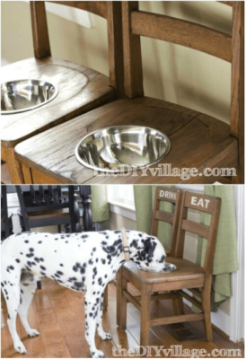 Repurposed chairs as dog feeders
