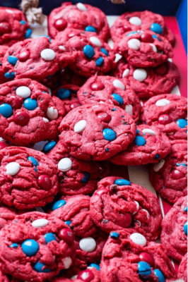 Red, white, and blue red velvet cookies